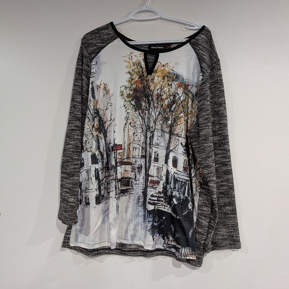 Claire France Graphic Long Sleeve Knit Top Black White Size 2X